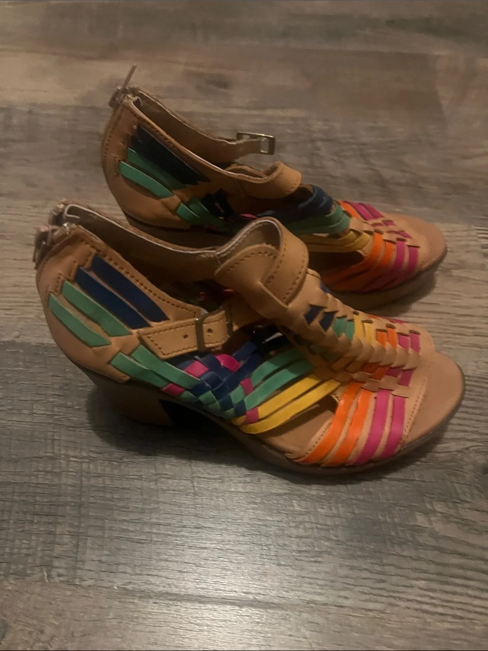 Tan Multicolor Strappy Block Heel Sandals